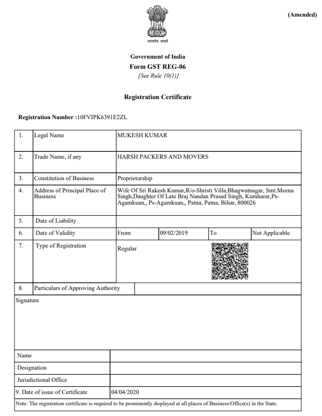 Harsh packers Movers Licence